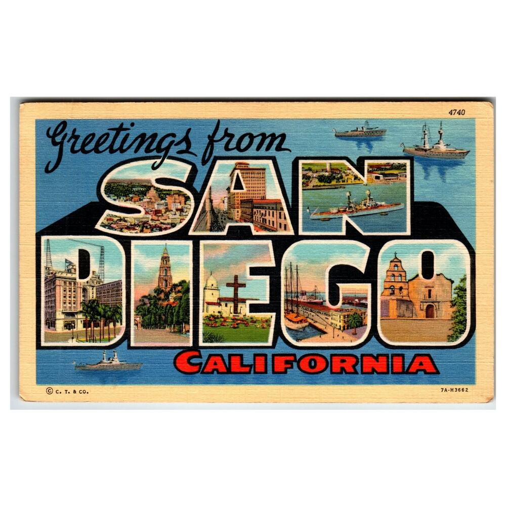 Vintage Greetings from San Diego California Linen Large Letter Postcard 1937